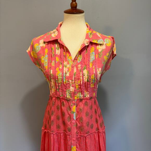 Cottagecore floral print button-down April Cornell dress, pink, size Medium - Picture 2 of 13